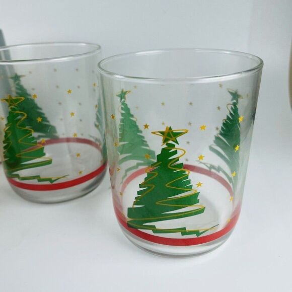 3 Libbey Christmas Tree Drinking Glasses Green Gold Stars Red Stripe In Holder - Picture 2 of 7